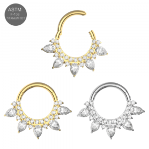 G23 grade Titanium Teardrop CZ Jeweled Hinged Segment Clicker Ring