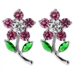 925 Sterling Silver Jeweled Flower with Leaf Ear Stud