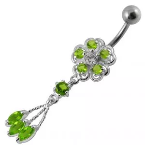 Moving Blue Jeweled Flower Designed With SS Bar Banana Belly Ring
