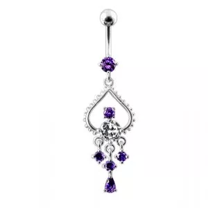Silver Jeweled Dangling Banana Bar Navel Belly Ring