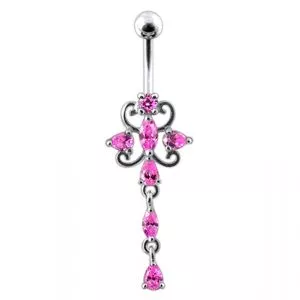 Dangling Jeweled Flower SS Bar Belly Ring