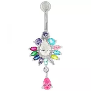 Silver Fancy Dangling Multi Stone Studded Jeweled Belly Ring