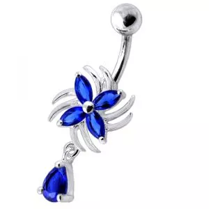 Sterling Silver Dangling Jeweled Flower SS Bar Navel Ring