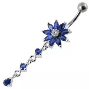 Blue Stone Studded Flower Dangling Jeweled Curved Bar Belly Ring