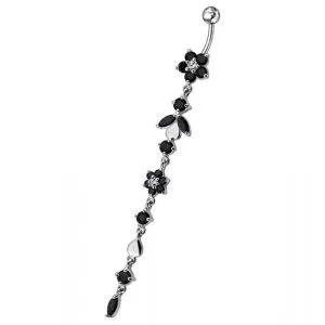 Jeweled Fancy Silver Dangling Banana Bar Navel Ring