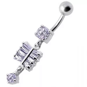 Fancy Pink Jeweled Silver Dangling SS Bar Banana Belly Ring