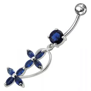 Fancy Blue Jeweled Multi Flowers Moving Dangling Banana Navel Ring
