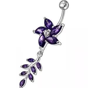 Fancy White Star With Leafs Jeweled Silver Dangling Banana Belly Ring