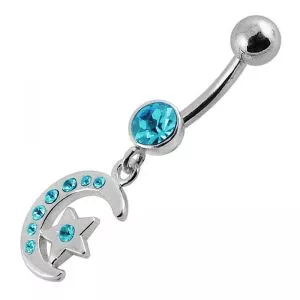 Jeweled Star Moon Fancy Silver Dangling SS Banana Bar Belly Ring