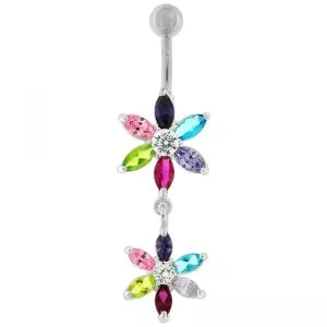 Silver Jeweled Flower Dangling SS Curved Belly Ring