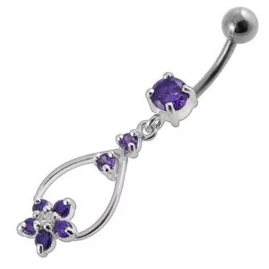 Jeweled Fancy Silver Dangling 316L SS Banana Bar Navel Body Jewelry Ring