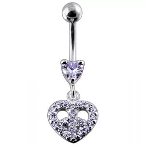 Jeweled Fancy Heart Shape Silver Dangling SS Bar Curved Belly Ring