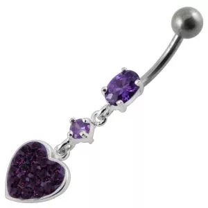 Fancy Green Jeweled Heart Dangling SS Bar Navel Ring