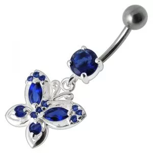 Fancy Jeweled Butterfly Silver Dangling 316L SS Bar Belly Ring