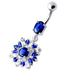 Fancy White And Blue Vintage Jeweled Dangling SS Bar Navel Ring