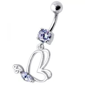 Silver Jeweled Butterfly Dangling With SS Banana bar Navel Body Jewelry  Ring 