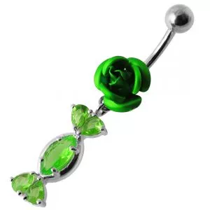 Fancy Jeweled Red Rose Dangling SS Bar Navel Ring