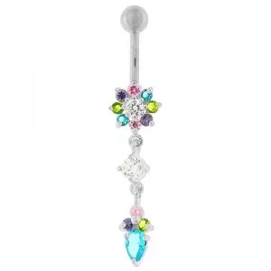 Fancy Purple Jeweled Flower Dangling Banana Belly Ring