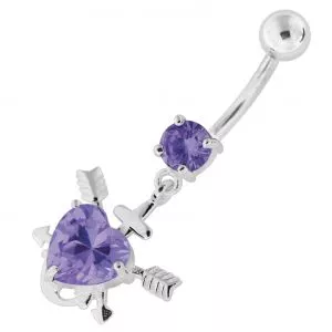 Jeweled Flower in Heart Sterling Silver Navel Belly Button Bar