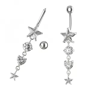 925 Sterling Silver Round Crystal Stone with Star and Heart Design Belly Button Ring