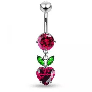 925 Sterling Silver CZ Crystal Stone With Leaf Joined Heart Dangling Belly Button Ring