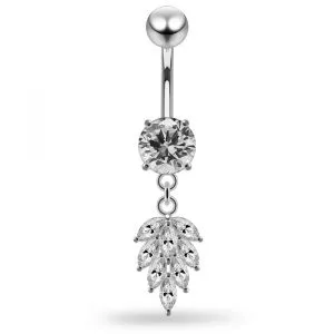 925 Sterling Silver Crystal Stone with Leaf Design Belly Button Ring