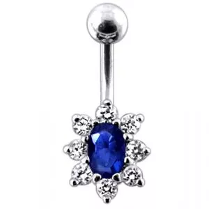 Silver Jeweled Flower Navel Curved bar Belly Ring
