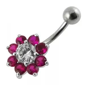 Jeweled Sterling silver Flower Non-Moving Belly Ring