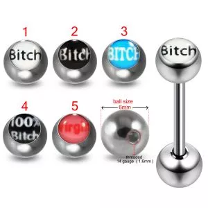 316L Surgical Steel 14G 14MM Threaded Straight Bar With Bitch Written Logo balls