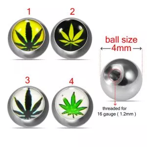 316L Surgical Steel 16G Threaded Marijuana Design Logo balls