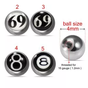 316L Surgical Steel 16G Threaded Number Logo balls