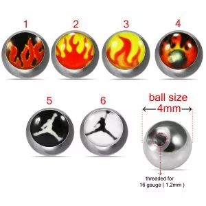 316L Surgical Steel 16G Threaded Fire And Air Jordan Logo balls
