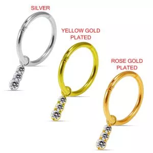 925 Sterling Silver Triple CZ Jeweled Hinged Clicker Earrings