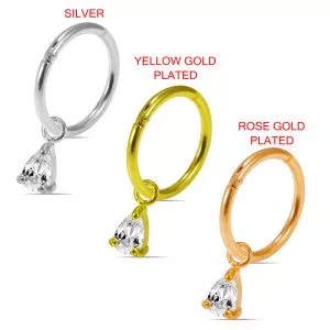 925 Sterling Silver Tear Drop CZ Jeweled Hinged Clicker Earrings