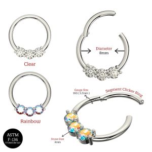G23 Grade Titanium Clear Tri Stone Jeweled Hinged Segment Clicker Ring