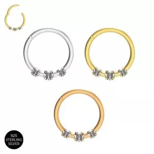 925 Sterling Silver Triple CZ Hinged Segment Clicker Ring
