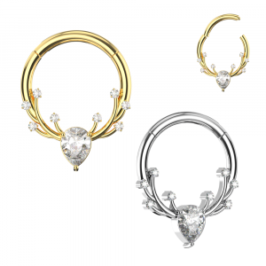 316L Surgical Steel Round CZ with  Antlers Design Hinged Segment Clicker Ring