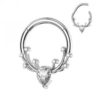 316L Surgical Steel Round CZ with  Antlers Design Hinged Segment Clicker Ring