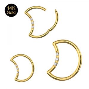 14K Gold crescent moon With CZ Jeweled Hinged Segment Clicker Ring