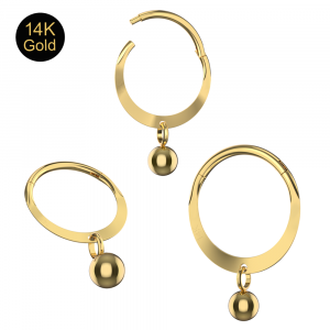 14K Gold Oval Rook Clicker Flat Profile With Dangle Ball Hinged Segment Ring