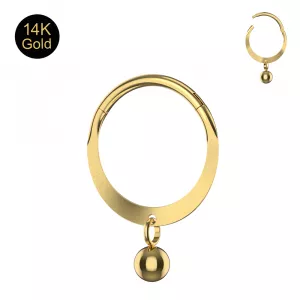 14K Gold Oval Rook Clicker Flat Profile With Dangle Ball Hinged Segment Ring