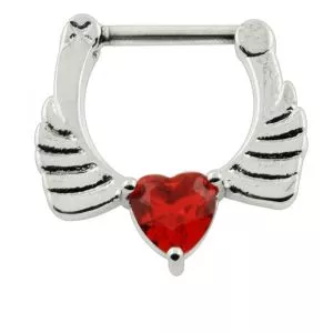Angel Wings with Red Heart CZ Septum Clicker