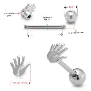 Surgical Steel Straight bar with 924 Sterling Silver Hand Tongue Ring