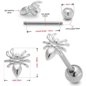 Surgical Steel Straight bar with 925 Sterling Silver Spider Tongue Ring