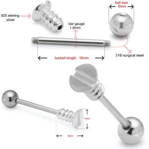 Surgical Steel Straight Bar with 925 Sterling Silver Household Screw Tongue Ring