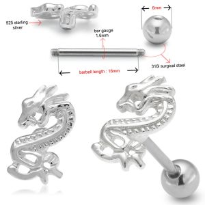 Surgical Steel Straight bar with 925 Sterling Silver Engraved Dragon Tongue Ring