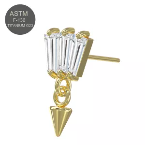 G23 Grade Titanium Triple Baguette Gem with Dangling Cone Design Threadless Pin Top