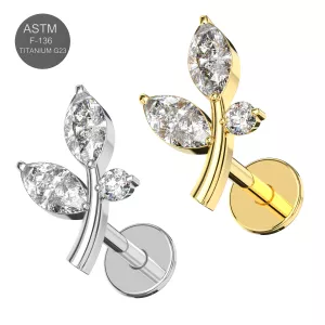 G23 Grade Titanium CZ Stone Leaf Design Tragus Top Push Fit with Flat Back Labret