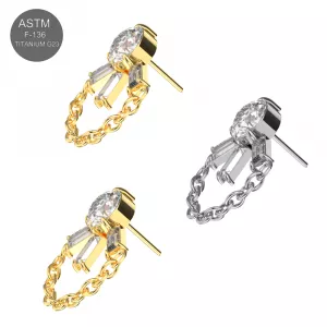 G23 Grade Titanium CZ Jeweled with Linked Chain Fancy Design Threadless Pin Top