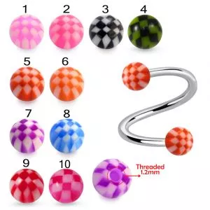 316L Surgical Steel Eyebrow Twisted Barbell With Mixed Checkered Color UV Fancy Ball